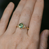 1.70ct Green Kenyan Fantasy Cut Sapphire and Diamond Antique Milgrain Three Stone Low Profile Ring in 18k Yellow Gold