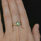 1.70ct Green Kenyan Fantasy Cut Sapphire and Diamond Antique Milgrain Three Stone Low Profile Ring in 18k Yellow Gold