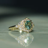 1.49ct Elongated Cushion Cut Montana Sapphire and Diamond Floral Halo in 18k Yellow Gold