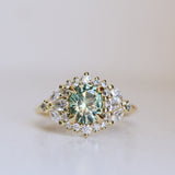 1.49ct Elongated Cushion Cut Montana Sapphire and Diamond Floral Halo in 18k Yellow Gold