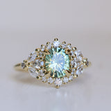 1.49ct Elongated Cushion Cut Montana Sapphire and Diamond Floral Halo in 18k Yellow Gold