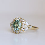 1.49ct Elongated Cushion Cut Montana Sapphire and Diamond Floral Halo in 18k Yellow Gold