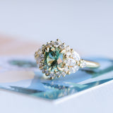 1.49ct Elongated Cushion Cut Montana Sapphire and Diamond Floral Halo in 18k Yellow Gold