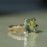 3.01ct Madagascar Parti Radiant Cut Sapphire Double Prong Evergreen Carved Stackable Solitaire in 14k Yellow Gold