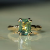 3.01ct Madagascar Parti Radiant Cut Sapphire Double Prong Evergreen Carved Stackable Solitaire in 14k Yellow Gold