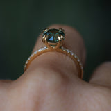1.97ct Untreated Round Nigerian Teal Green Sapphire Double Prong Solitaire with Pave Set Diamonds in 18k Yellow Gold