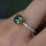1.97ct Untreated Round Nigerian Teal Green Sapphire Double Prong Solitaire with Pave Set Diamonds in 18k Yellow Gold