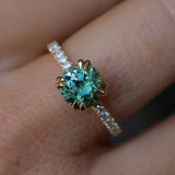 1.97ct Untreated Round Nigerian Teal Green Sapphire Double Prong Solitaire with Pave Set Diamonds in 18k Yellow Gold