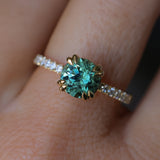 1.97ct Untreated Round Nigerian Teal Green Sapphire Double Prong Solitaire with Pave Set Diamonds in 18k Yellow Gold