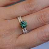 1.97ct Untreated Round Nigerian Teal Green Sapphire Double Prong Solitaire with Pave Set Diamonds in 18k Yellow Gold
