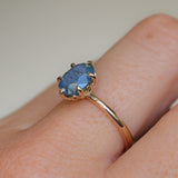 2.22ct Oval Blue Opalescent Untreated Nigerian Sapphire Lotus Solitaire in 14k Yellow Gold