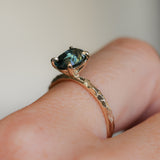 2.03ct Untreated Parti Green and Blue Oval Madagascar Sapphire Evergreen 4 Prong Carved Stackable Solitaire in 14k Yellow Gold