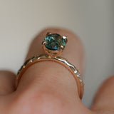 2.03ct Untreated Parti Green and Blue Oval Madagascar Sapphire Evergreen 4 Prong Carved Stackable Solitaire in 14k Yellow Gold