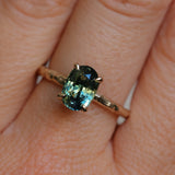 2.03ct Untreated Parti Green and Blue Oval Madagascar Sapphire Evergreen 4 Prong Carved Stackable Solitaire in 14k Yellow Gold
