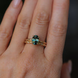 2.03ct Untreated Parti Green and Blue Oval Madagascar Sapphire Evergreen 4 Prong Carved Stackable Solitaire in 14k Yellow Gold