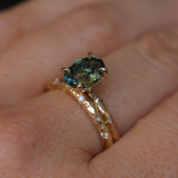 2.03ct Untreated Parti Green and Blue Oval Madagascar Sapphire Evergreen 4 Prong Carved Stackable Solitaire in 14k Yellow Gold