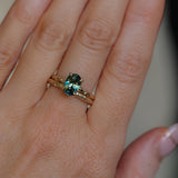 2.03ct Untreated Parti Green and Blue Oval Madagascar Sapphire Evergreen 4 Prong Carved Stackable Solitaire in 14k Yellow Gold