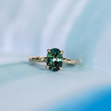 2.03ct Untreated Parti Green and Blue Oval Madagascar Sapphire Evergreen 4 Prong Carved Stackable Solitaire in 14k Yellow Gold