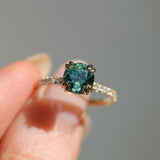 1.97ct Untreated Round Nigerian Teal Green Sapphire Double Prong Solitaire with Pave Set Diamonds in 18k Yellow Gold