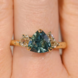 2.17ct Trillion Teal Blue Untreated Montana Sapphire and Antique Diamond Mountainscape Ring in 18k Yellow Gold