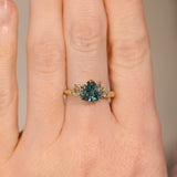 2.17ct Trillion Teal Blue Untreated Montana Sapphire and Antique Diamond Mountainscape Ring in 18k Yellow Gold