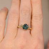 2.17ct Trillion Teal Blue Untreated Montana Sapphire and Antique Diamond Mountainscape Ring in 18k Yellow Gold