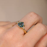 2.17ct Trillion Teal Blue Untreated Montana Sapphire and Antique Diamond Mountainscape Ring in 18k Yellow Gold