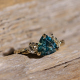 2.17ct Trillion Teal Blue Untreated Montana Sapphire and Antique Diamond Mountainscape Ring in 18k Yellow Gold