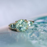 2.75ct Round Untreated Parti Montana Sapphire and Pear Montana Sapphire Three Stone Low Profile Scallop Ring in 18k Yellow Gold