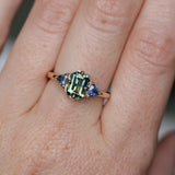 1.24ct Untreated Emerald Cut Parti Madagascar Sapphire and Trillion Sapphire Compass Set Low Profile Ring in 14k Yellow Gold