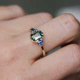 1.24ct Untreated Emerald Cut Parti Madagascar Sapphire and Trillion Sapphire Compass Set Low Profile Ring in 14k Yellow Gold