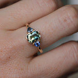 1.24ct Untreated Emerald Cut Parti Madagascar Sapphire and Trillion Sapphire Compass Set Low Profile Ring in 14k Yellow Gold