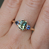 1.24ct Untreated Emerald Cut Parti Madagascar Sapphire and Trillion Sapphire Compass Set Low Profile Ring in 14k Yellow Gold