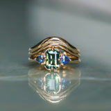 1.24ct Untreated Emerald Cut Parti Madagascar Sapphire and Trillion Sapphire Compass Set Low Profile Ring in 14k Yellow Gold