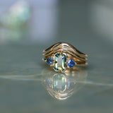 1.24ct Untreated Emerald Cut Parti Madagascar Sapphire and Trillion Sapphire Compass Set Low Profile Ring in 14k Yellow Gold