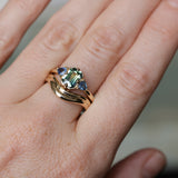 1.24ct Untreated Emerald Cut Parti Madagascar Sapphire and Trillion Sapphire Compass Set Low Profile Ring in 14k Yellow Gold