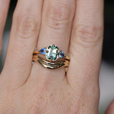 1.24ct Untreated Emerald Cut Parti Madagascar Sapphire and Trillion Sapphire Compass Set Low Profile Ring in 14k Yellow Gold