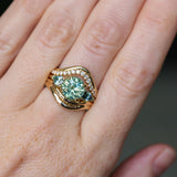 2.75ct Round Untreated Parti Montana Sapphire and Pear Montana Sapphire Three Stone Low Profile Scallop Ring in 18k Yellow Gold