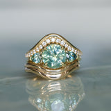 2.75ct Round Untreated Parti Montana Sapphire and Pear Montana Sapphire Three Stone Low Profile Scallop Ring in 18k Yellow Gold