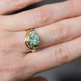 2.75ct Round Untreated Parti Montana Sapphire and Pear Montana Sapphire Three Stone Low Profile Scallop Ring in 18k Yellow Gold