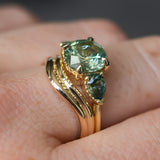 2.75ct Round Untreated Parti Montana Sapphire and Pear Montana Sapphire Three Stone Low Profile Scallop Ring in 18k Yellow Gold