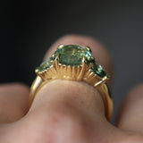 2.75ct Round Untreated Parti Montana Sapphire and Pear Montana Sapphire Three Stone Low Profile Scallop Ring in 18k Yellow Gold