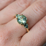 2.75ct Round Untreated Parti Montana Sapphire and Pear Montana Sapphire Three Stone Low Profile Scallop Ring in 18k Yellow Gold