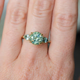 2.75ct Round Untreated Parti Montana Sapphire and Pear Montana Sapphire Three Stone Low Profile Scallop Ring in 18k Yellow Gold