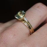 3.50ct Oval Untreated Montana Sapphire and Tapered Baguette Diamond Stackable 4 Prong Ring With Euro Shank in 18k Yellow Gold