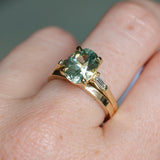 3.50ct Oval Untreated Montana Sapphire and Tapered Baguette Diamond Stackable 4 Prong Ring With Euro Shank in 18k Yellow Gold