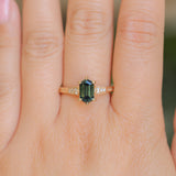 1.59ct Green Hexagon Madagascar Sapphire and Diamond Vintage Cathedral Six Prong Ring in 14k Yellow Gold