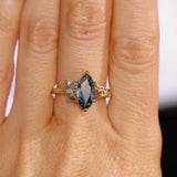 1.85ct Ocean Blue Marquise Madagascar Sapphire in Wandering Vine Low Profile 4 Prong Setting with Diamonds in 14k Yellow Gold