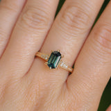 1.59ct Green Hexagon Madagascar Sapphire and Diamond Vintage Cathedral Six Prong Ring in 14k Yellow Gold