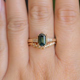 1.59ct Green Hexagon Madagascar Sapphire and Diamond Vintage Cathedral Six Prong Ring in 14k Yellow Gold